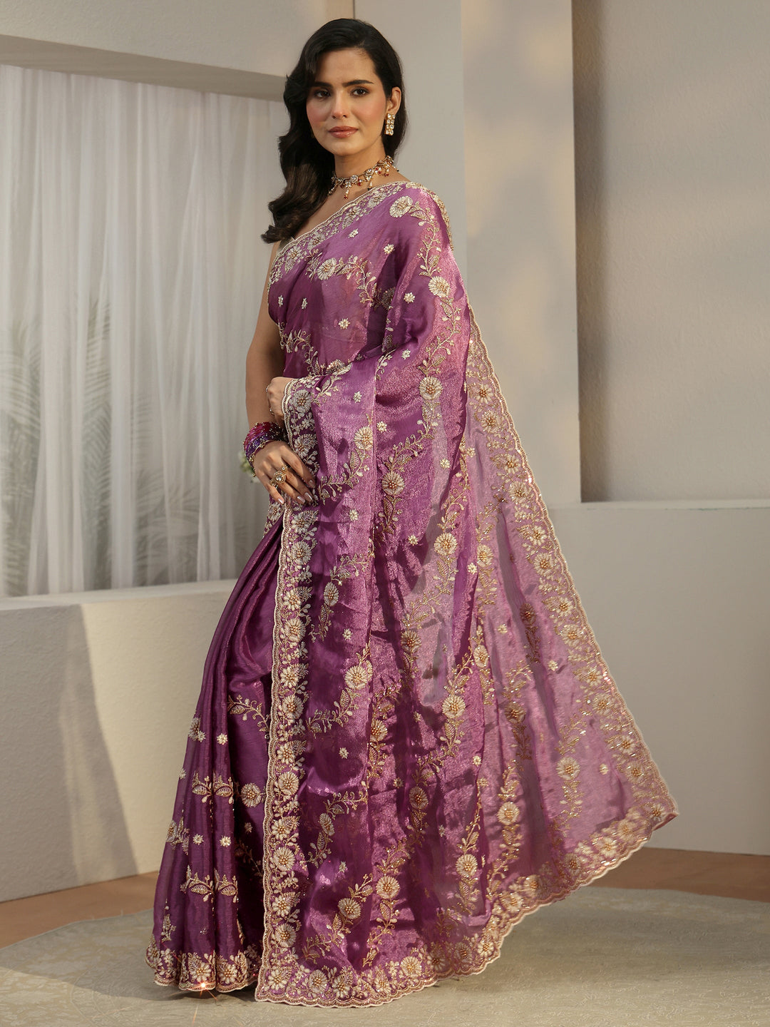  Libas Wine Floral Embroidered Tissue Saree 