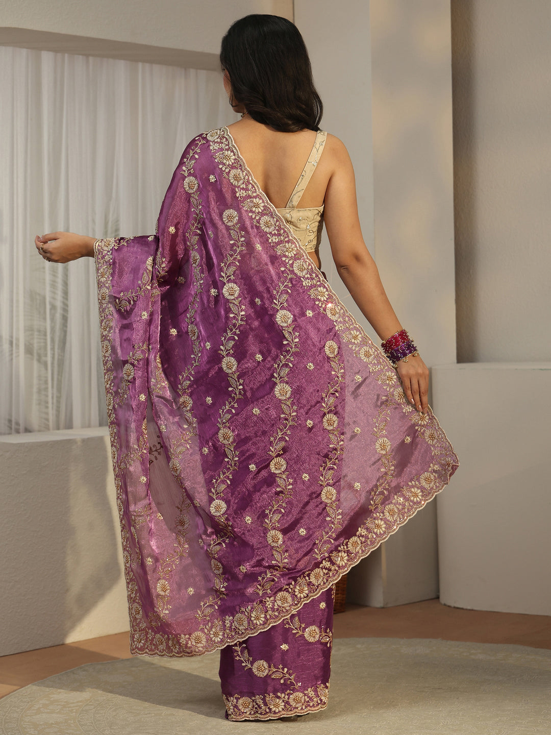  Libas Wine Floral Embroidered Tissue Saree 