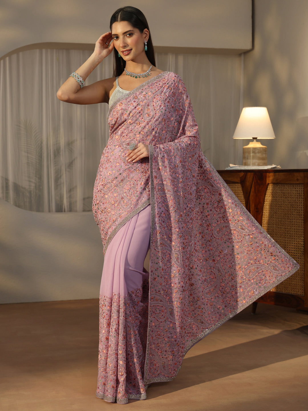  Libas Lavender Embroidered Georgette Saree 