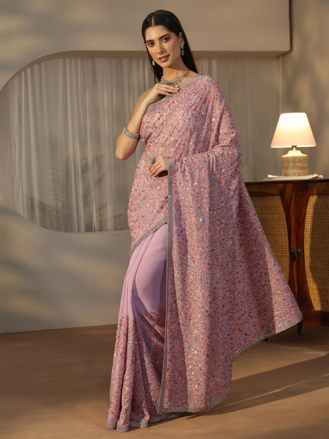  Libas Lavender Embroidered Georgette Saree 