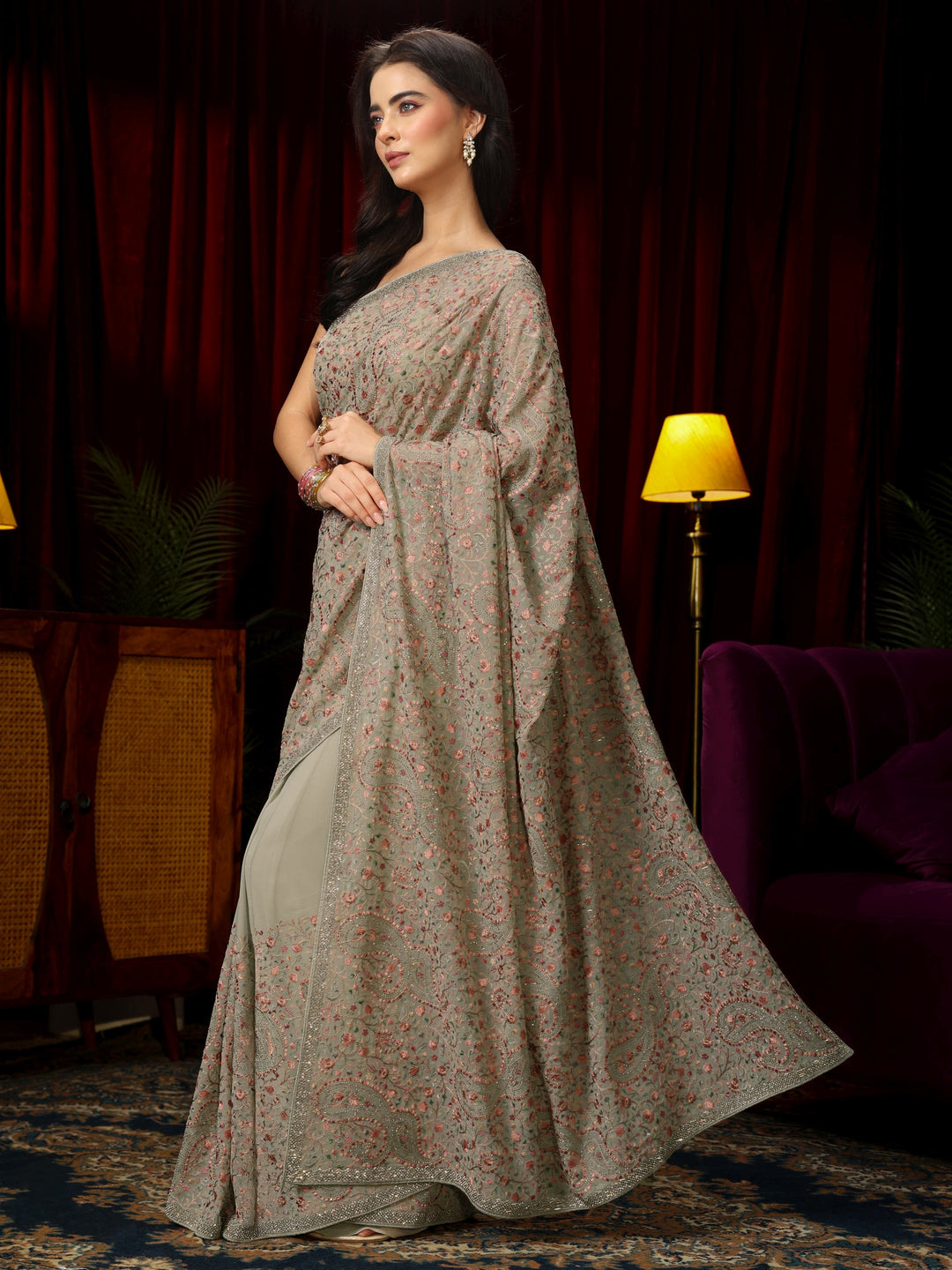  Libas Green Paisley Embroidered Georgette Saree 