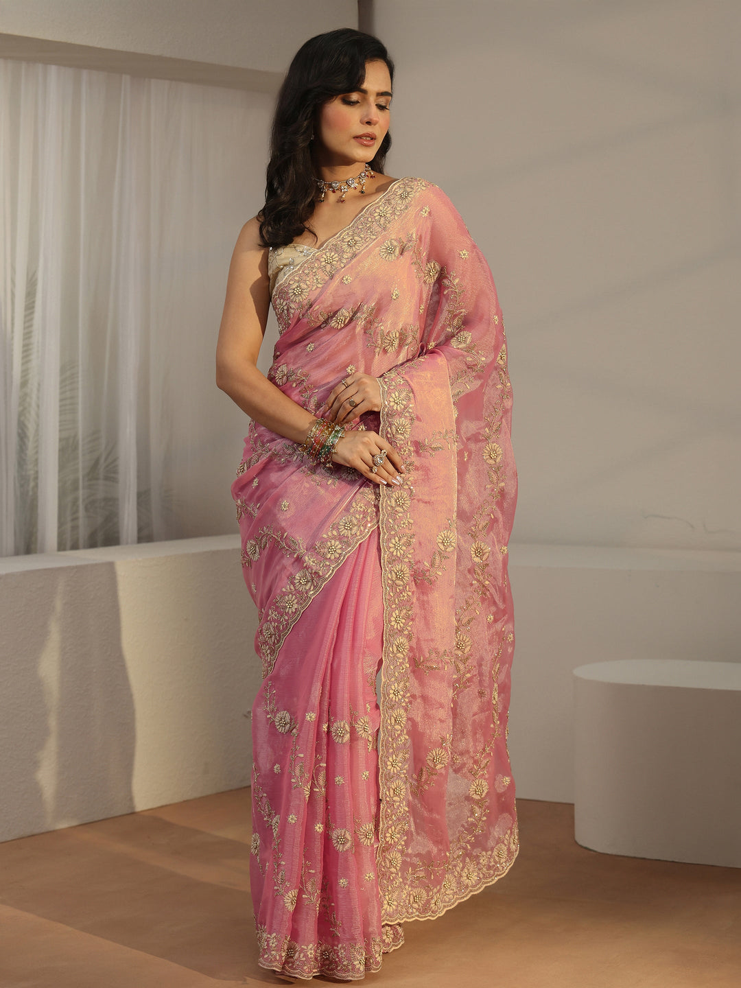 Libas Dusty Pink Floral Embroidered Tissue Saree 