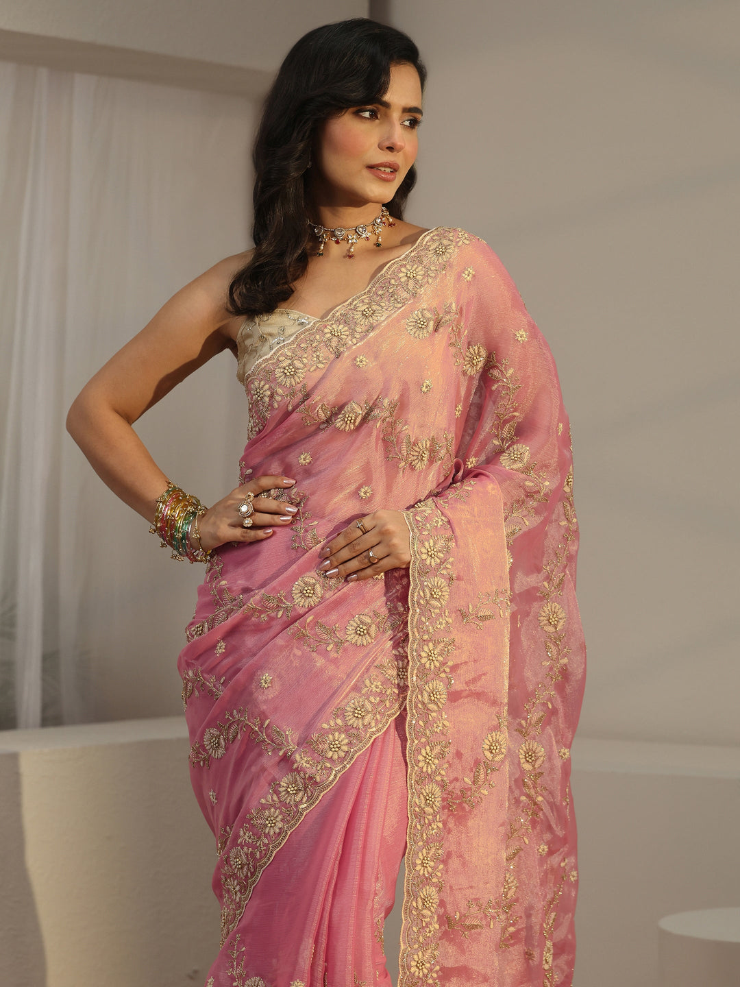  Libas Dusty Pink Floral Embroidered Tissue Saree 