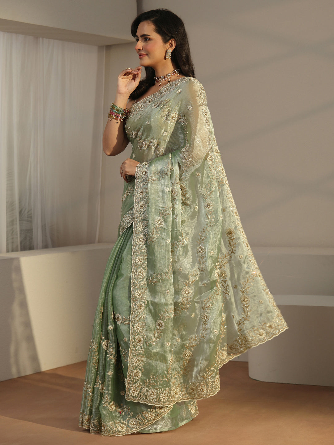  Libas Pista Green Floral Embroidered Tissue Saree 