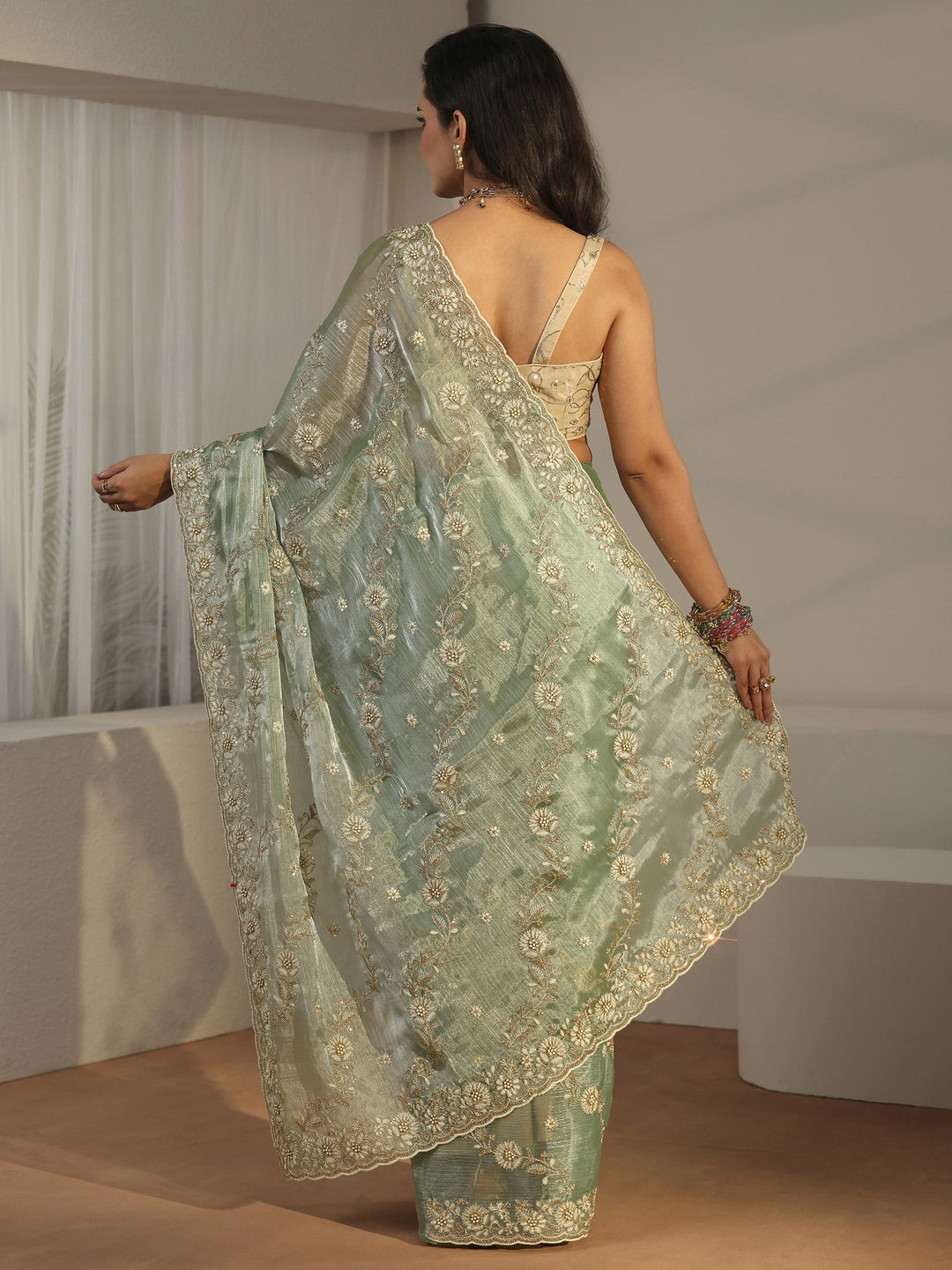  Libas Pista Green Floral Embroidered Tissue Saree 