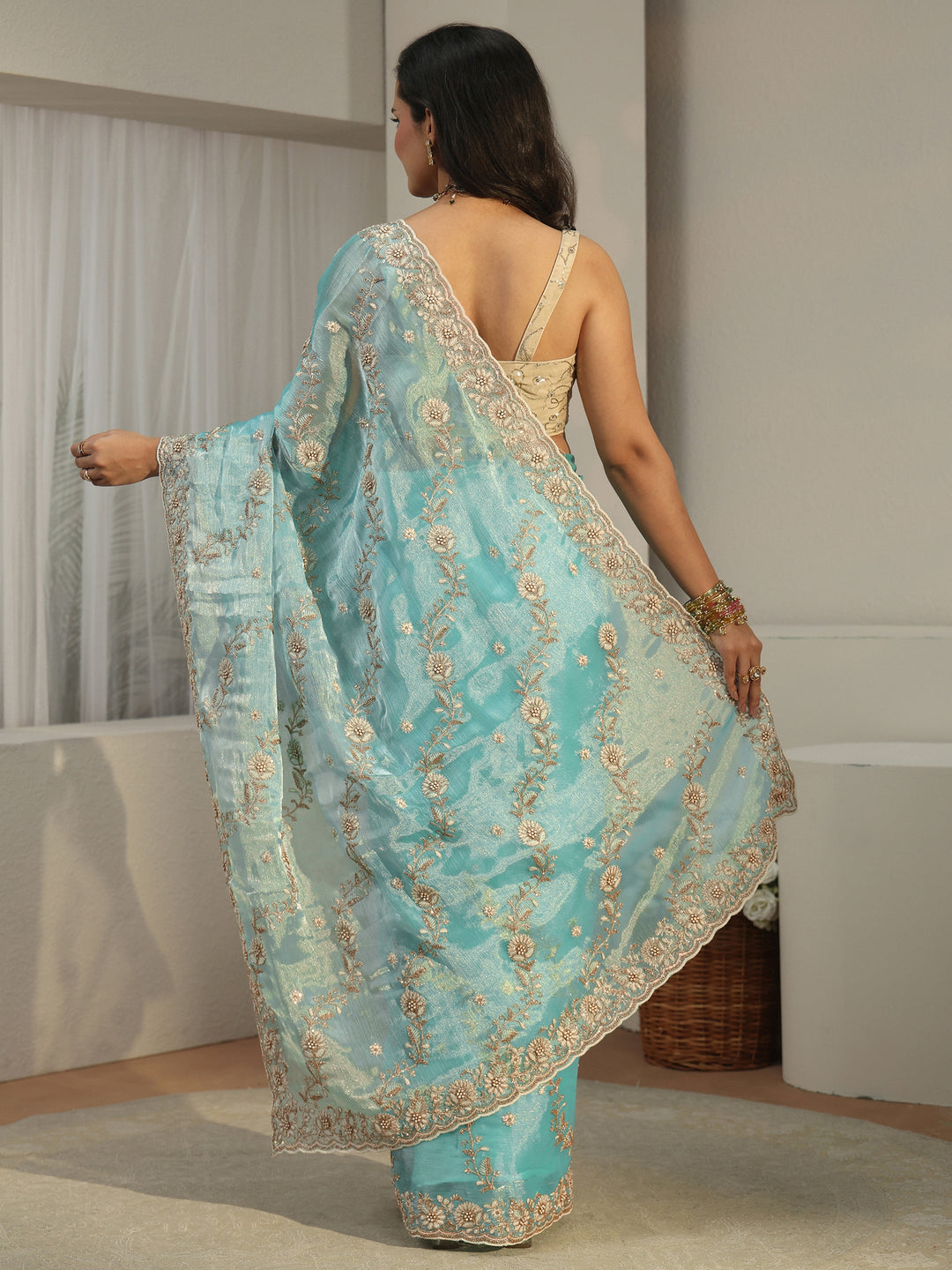  Libas Turquoise Blue Floral Embroidered Tissue Saree 