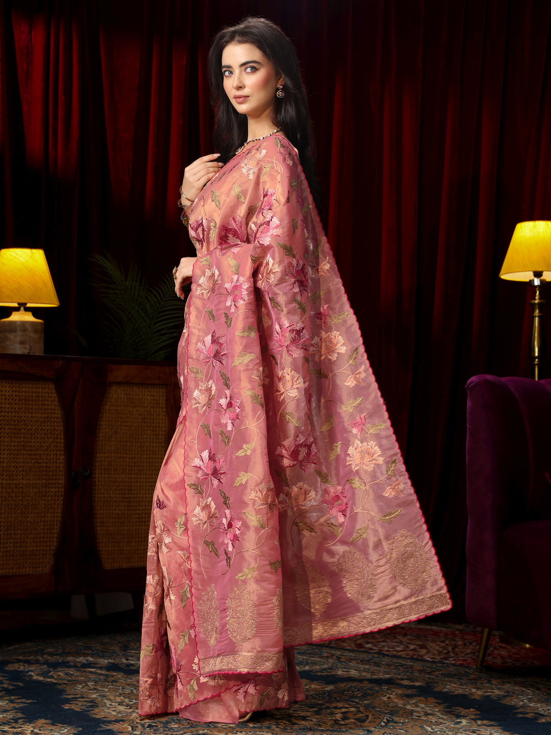  Libas Peach Pink Floral Embroidered Organza Saree 