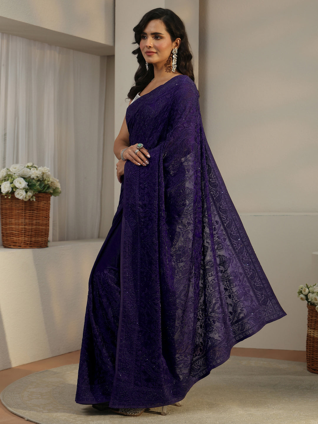  Libas Art Violet Embroidered Tissue Saree 