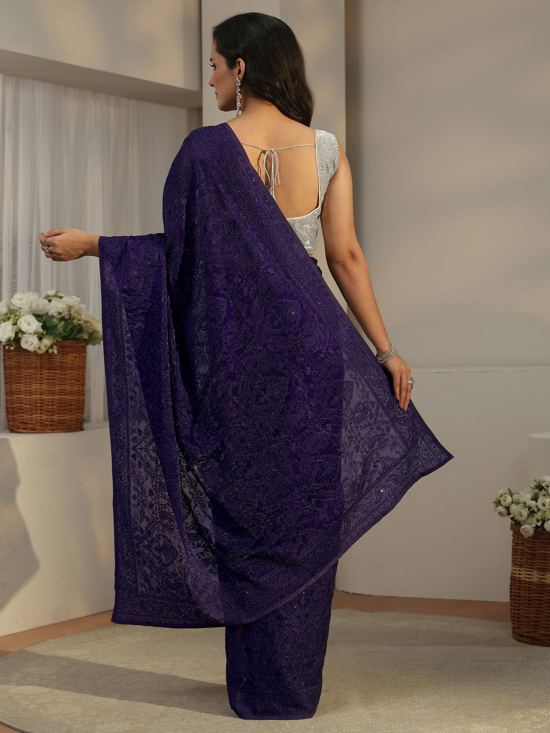  Libas Art Violet Embroidered Tissue Saree 