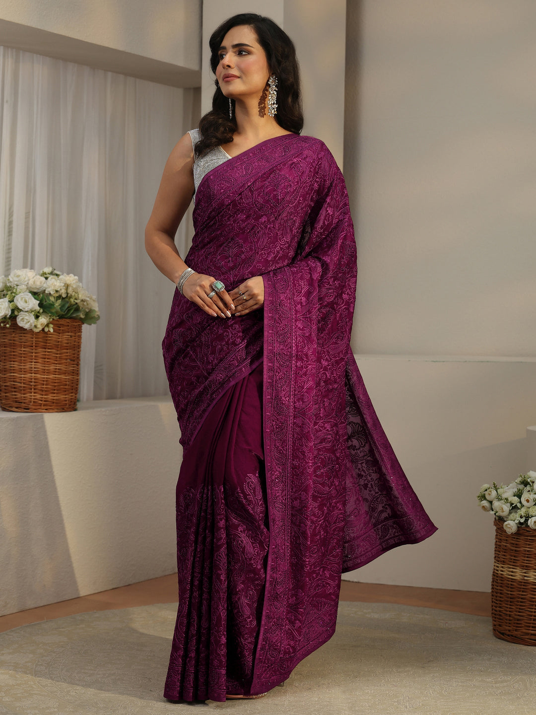  Libas Art Burgundy Embroidered Tissue Saree 