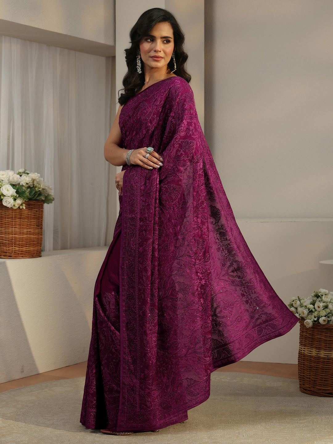  Libas Art Burgundy Embroidered Tissue Saree 