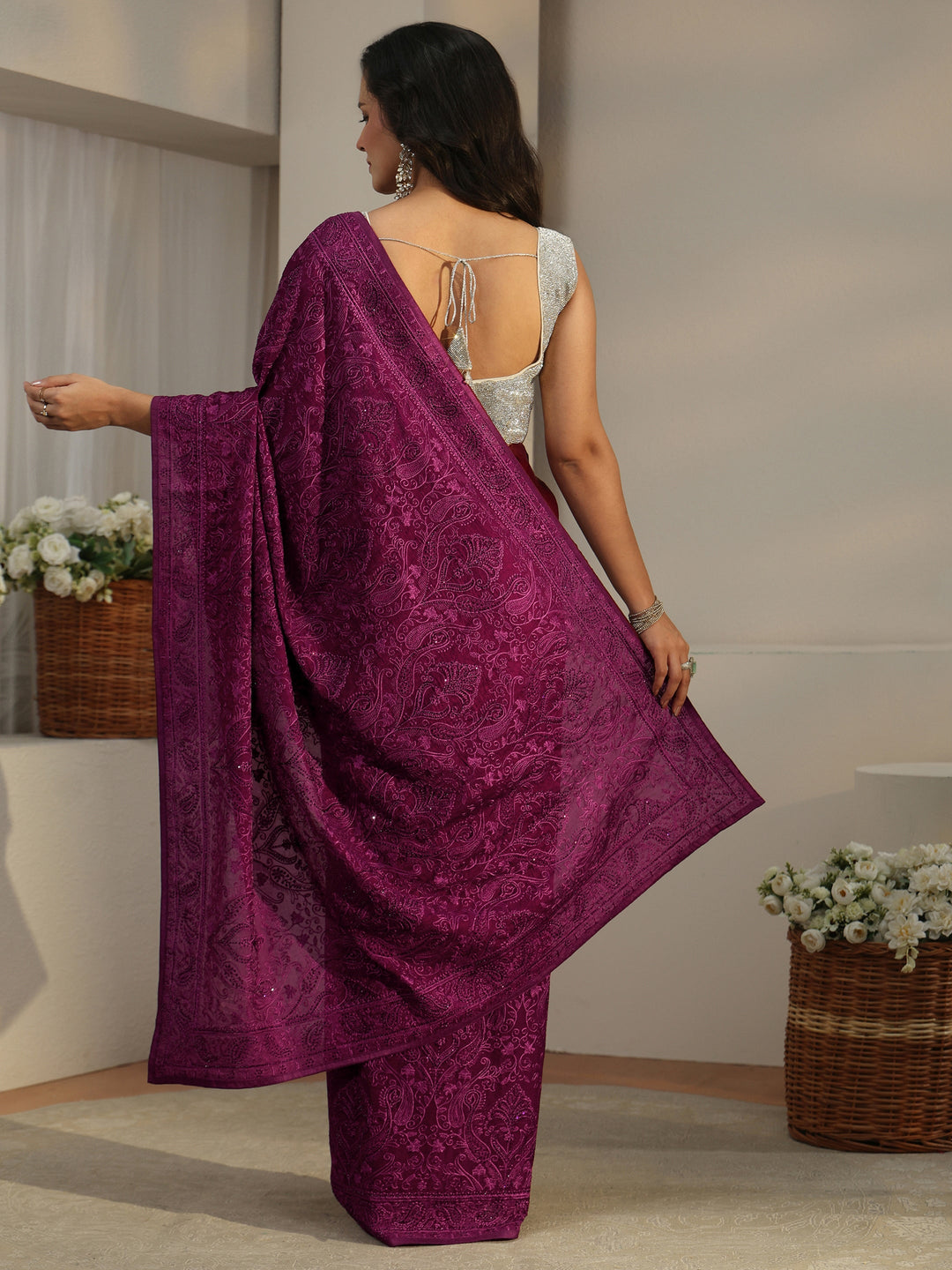  Libas Art Burgundy Embroidered Tissue Saree 