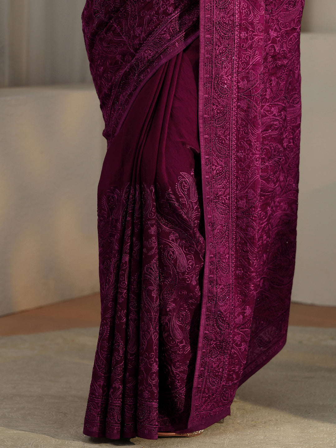  Libas Art Burgundy Embroidered Tissue Saree 