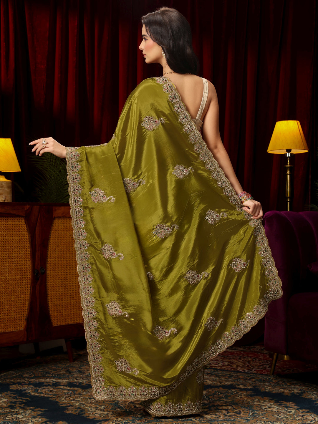  Libas Moss Green Stone Work Embellished Silk Blend Saree 