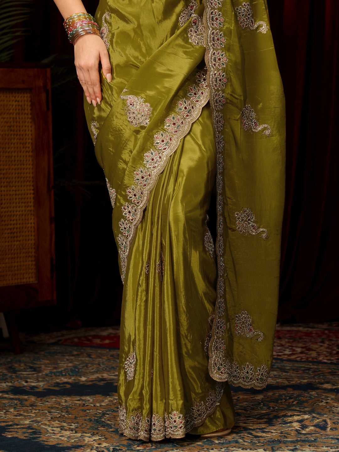  Libas Moss Green Stone Work Embellished Silk Blend Saree 