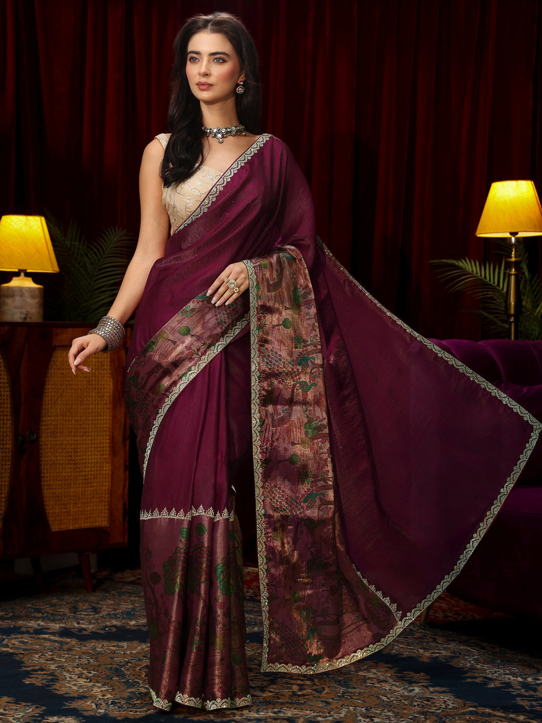  Libas Rani Pink Stone Work Embellished Tissue Saree 