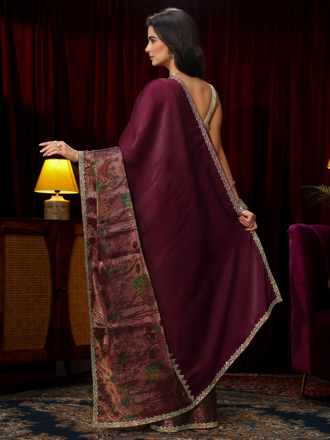  Libas Rani Pink Stone Work Embellished Tissue Saree 