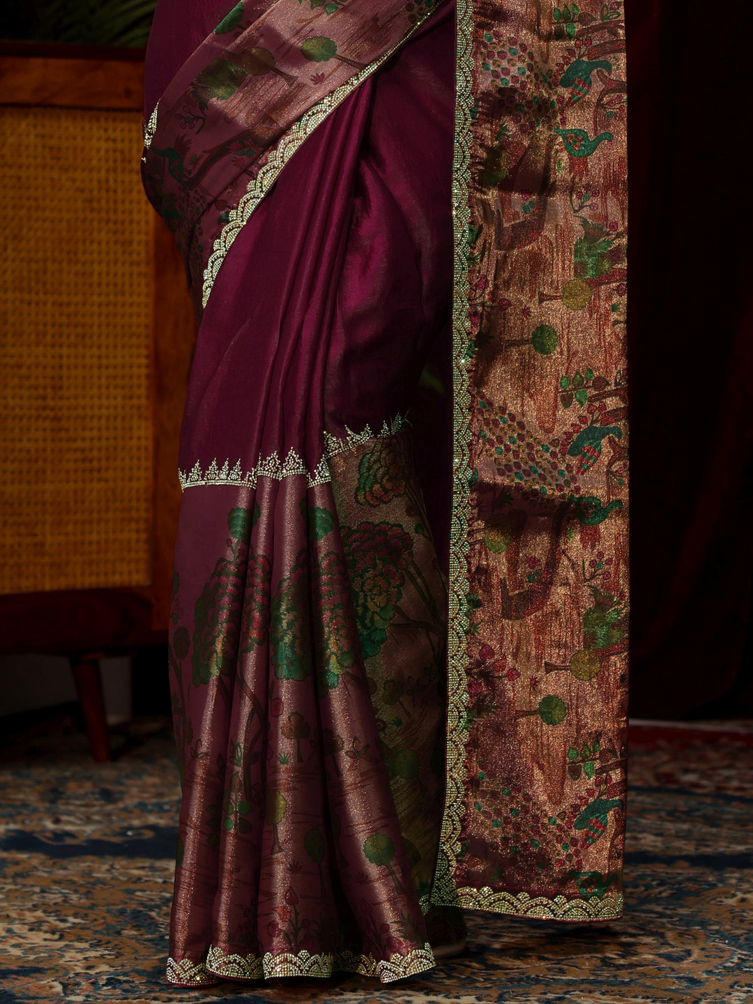  Libas Rani Pink Stone Work Embellished Tissue Saree 