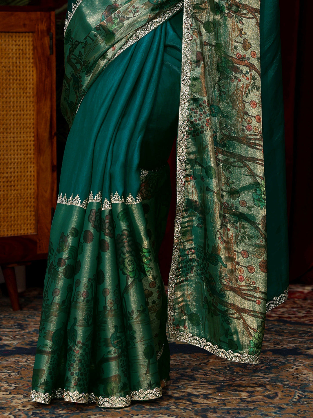  Libas Teal Blue Stone Work Embellished Tissue Saree 