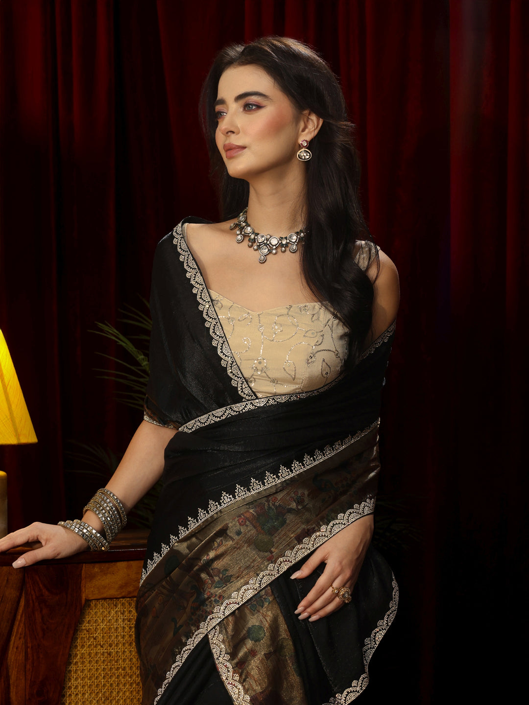  Libas Black Stone Work Embellished Tissue Saree 