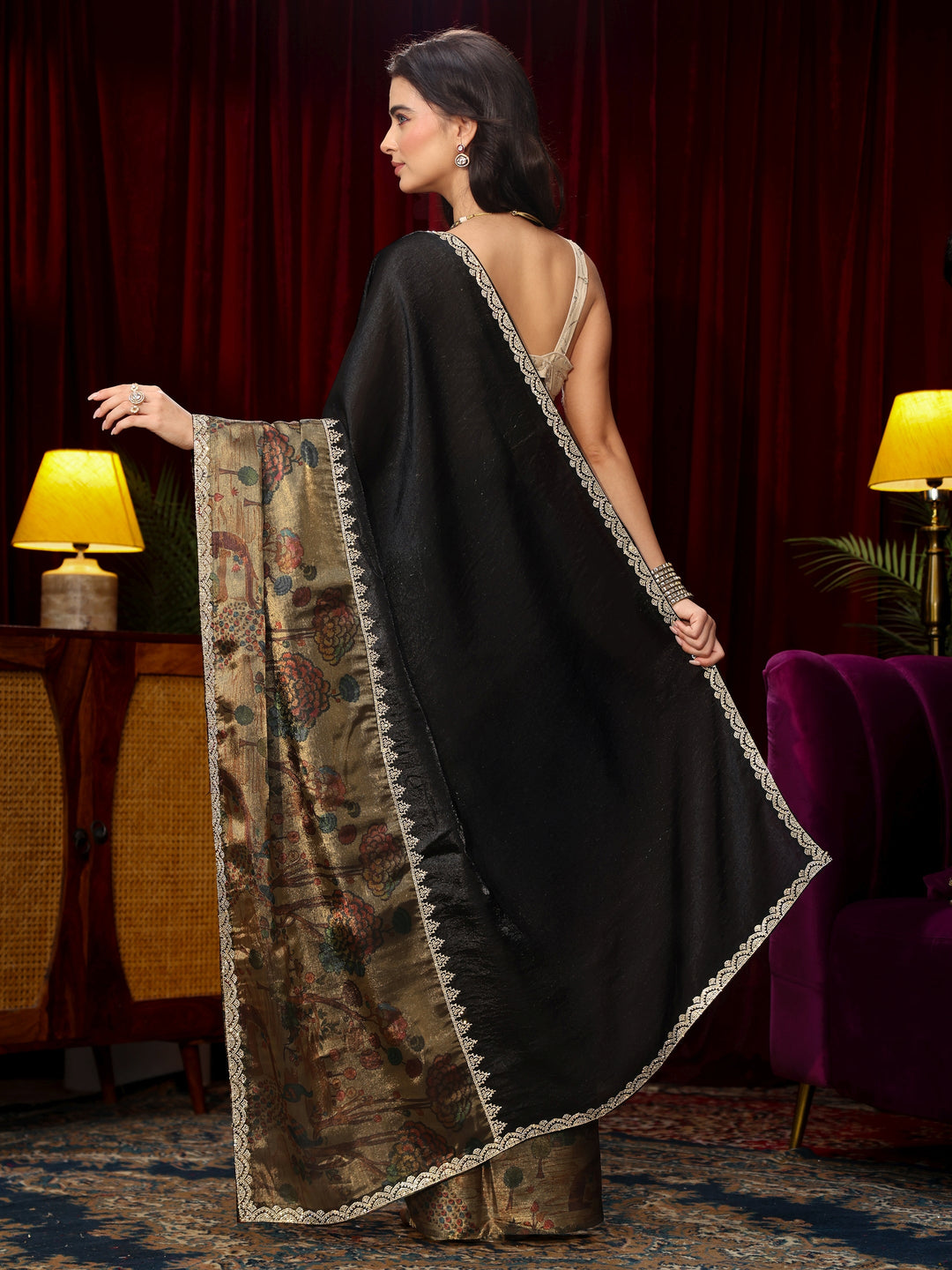  Libas Black Stone Work Embellished Tissue Saree 