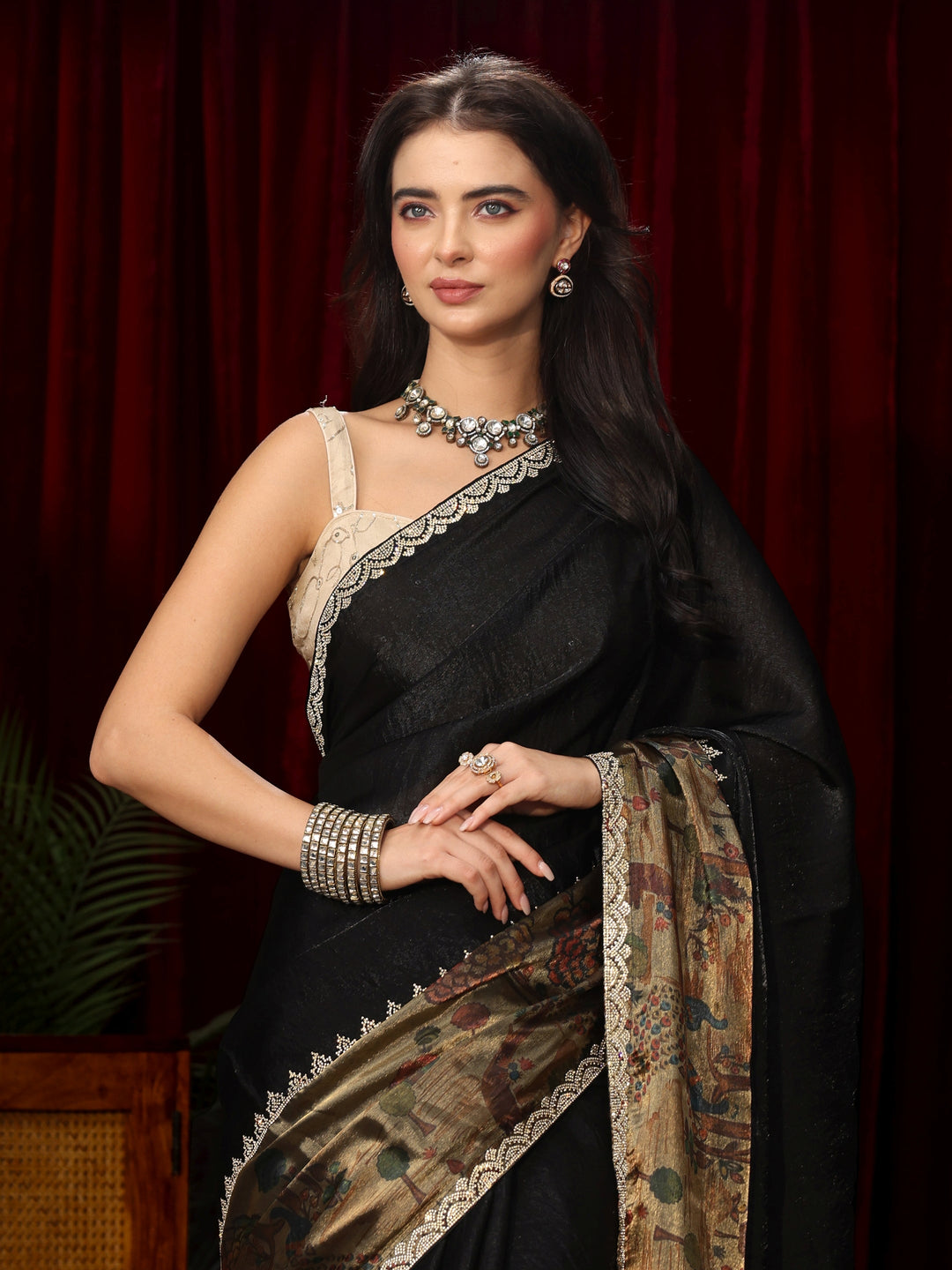  Libas Black Stone Work Embellished Tissue Saree 