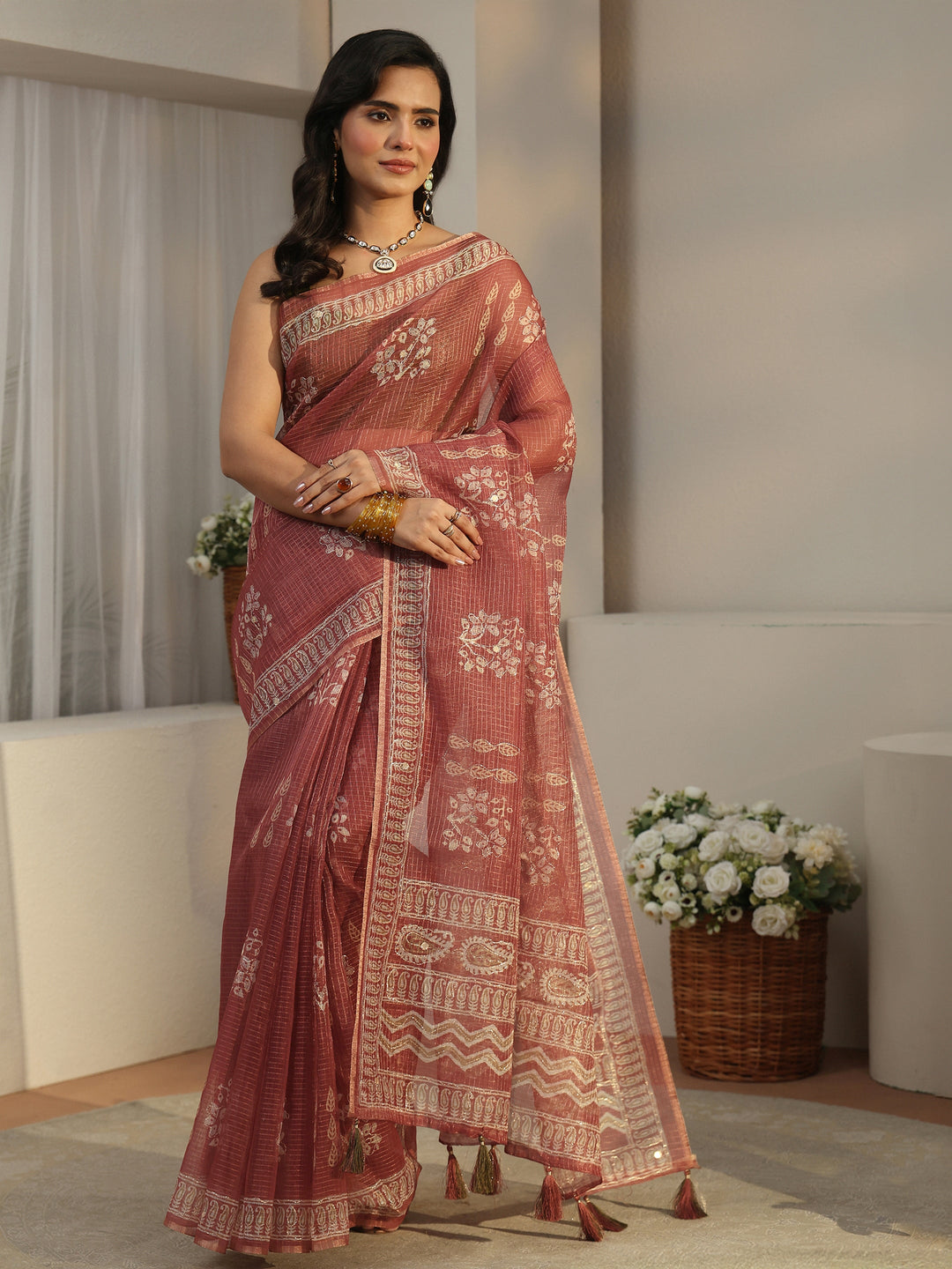  Libas Mauve Floral Printed Silk Blend Saree 