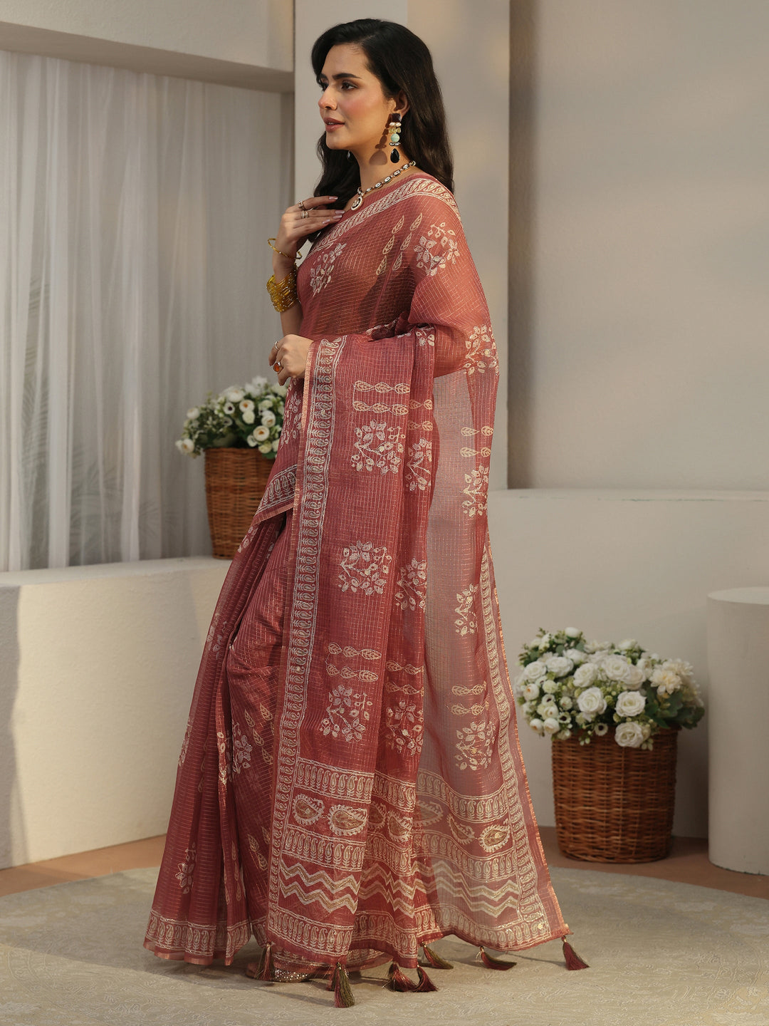  Libas Mauve Floral Printed Silk Blend Saree 