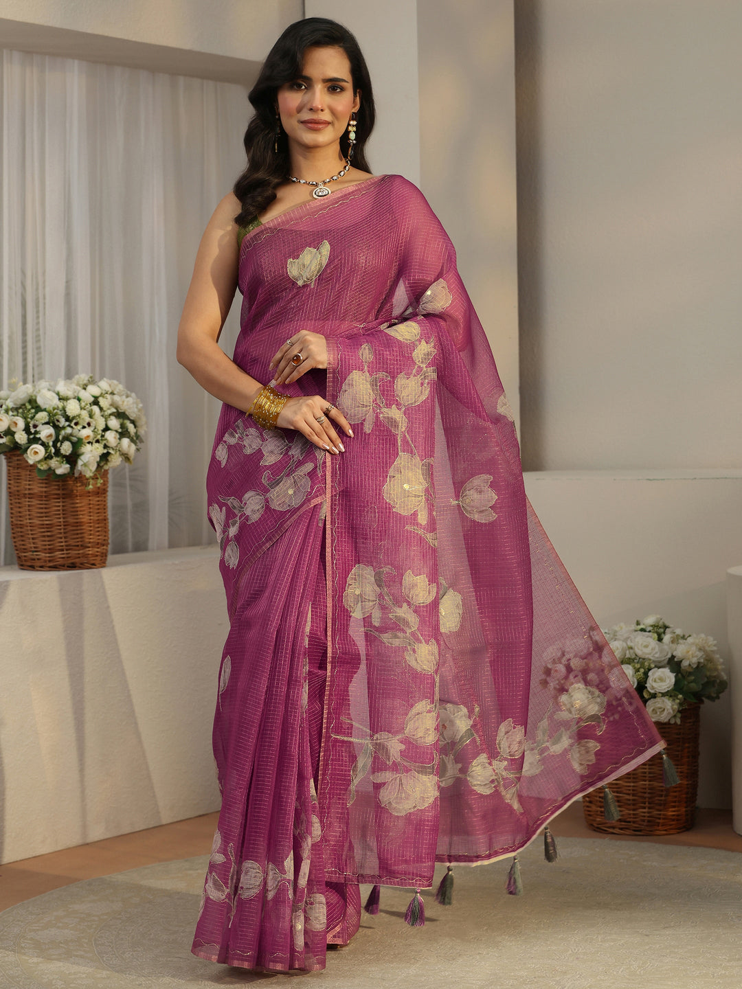  Libas Berry Purple Floral Printed Silk Blend Saree 
