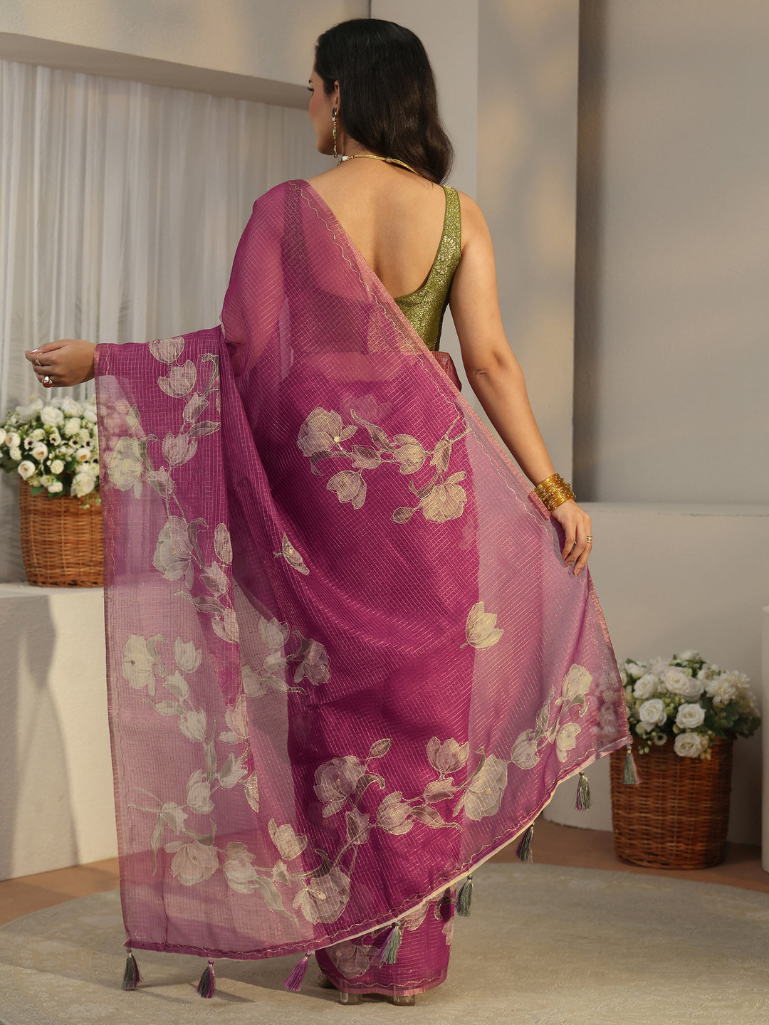  Libas Berry Purple Floral Printed Silk Blend Saree 
