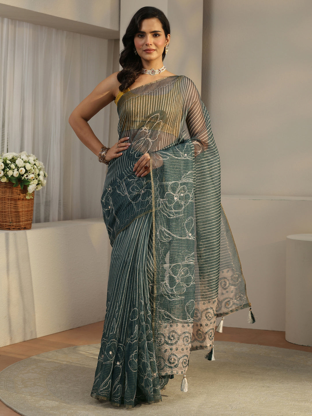  Libas Steel Teal Blue Floral Printed Silk Blend Saree 