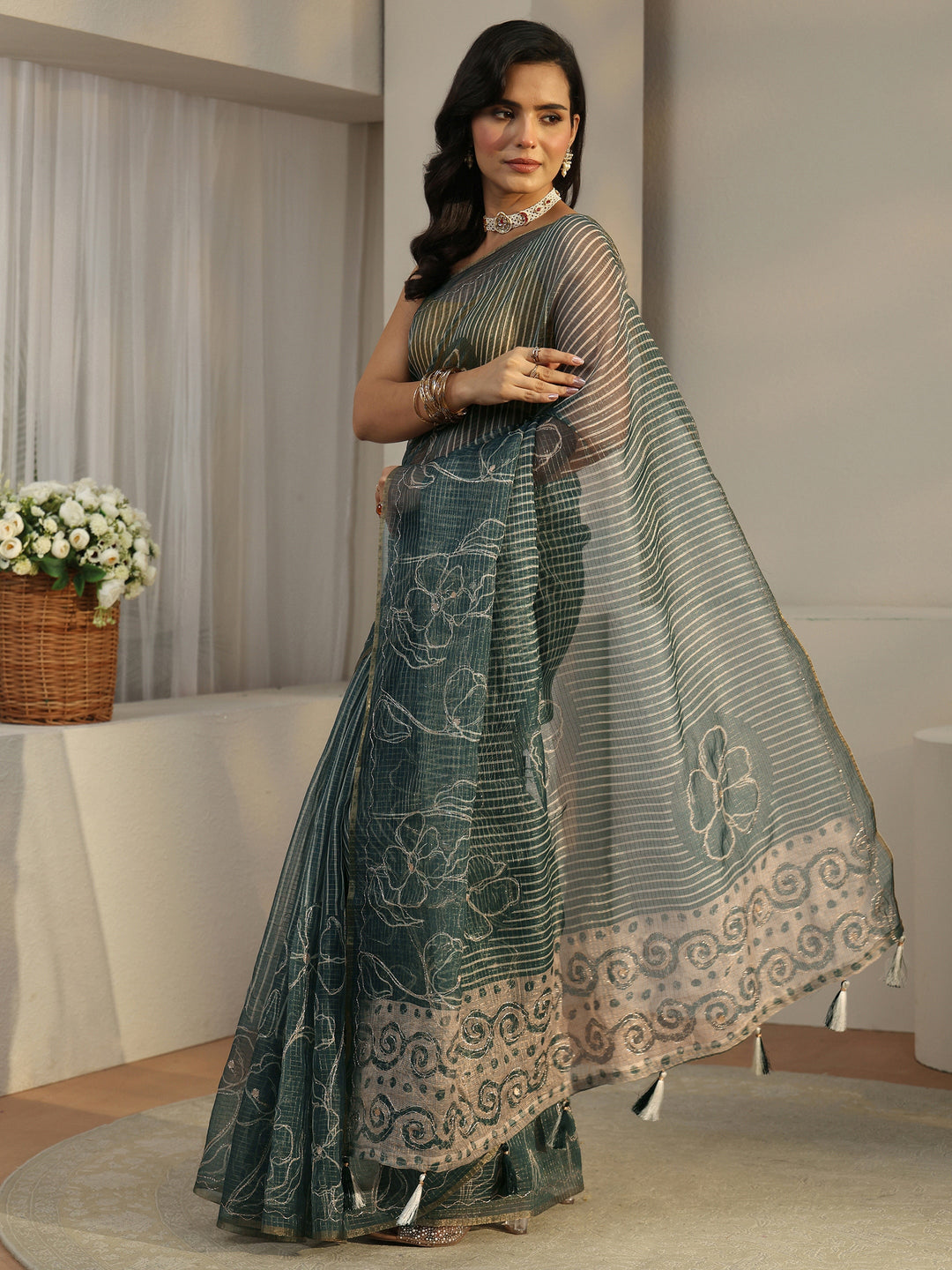  Libas Steel Teal Blue Floral Printed Silk Blend Saree 