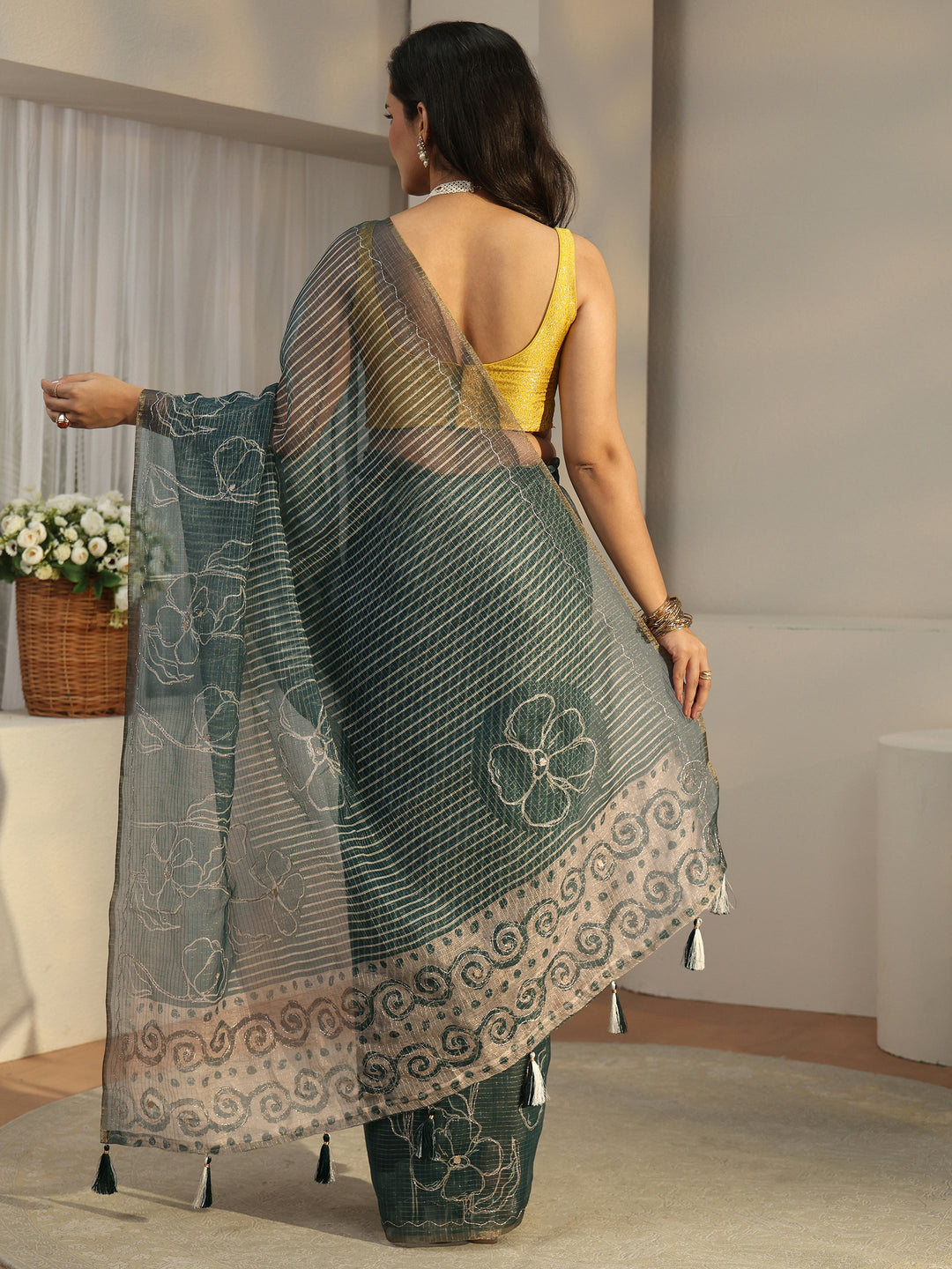  Libas Steel Teal Blue Floral Printed Silk Blend Saree 