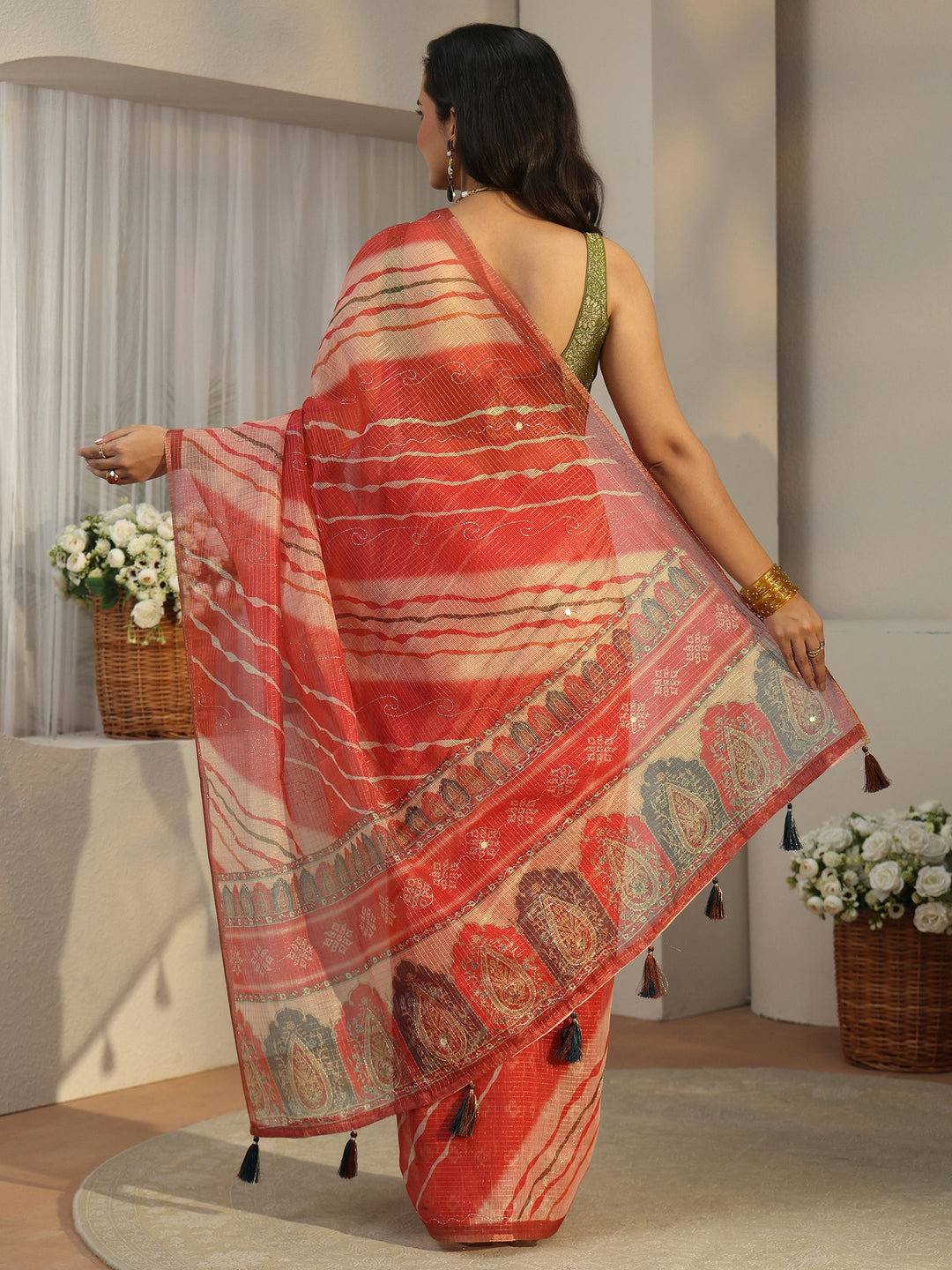  Libas Coral Red Leheriya Silk Blend Saree 