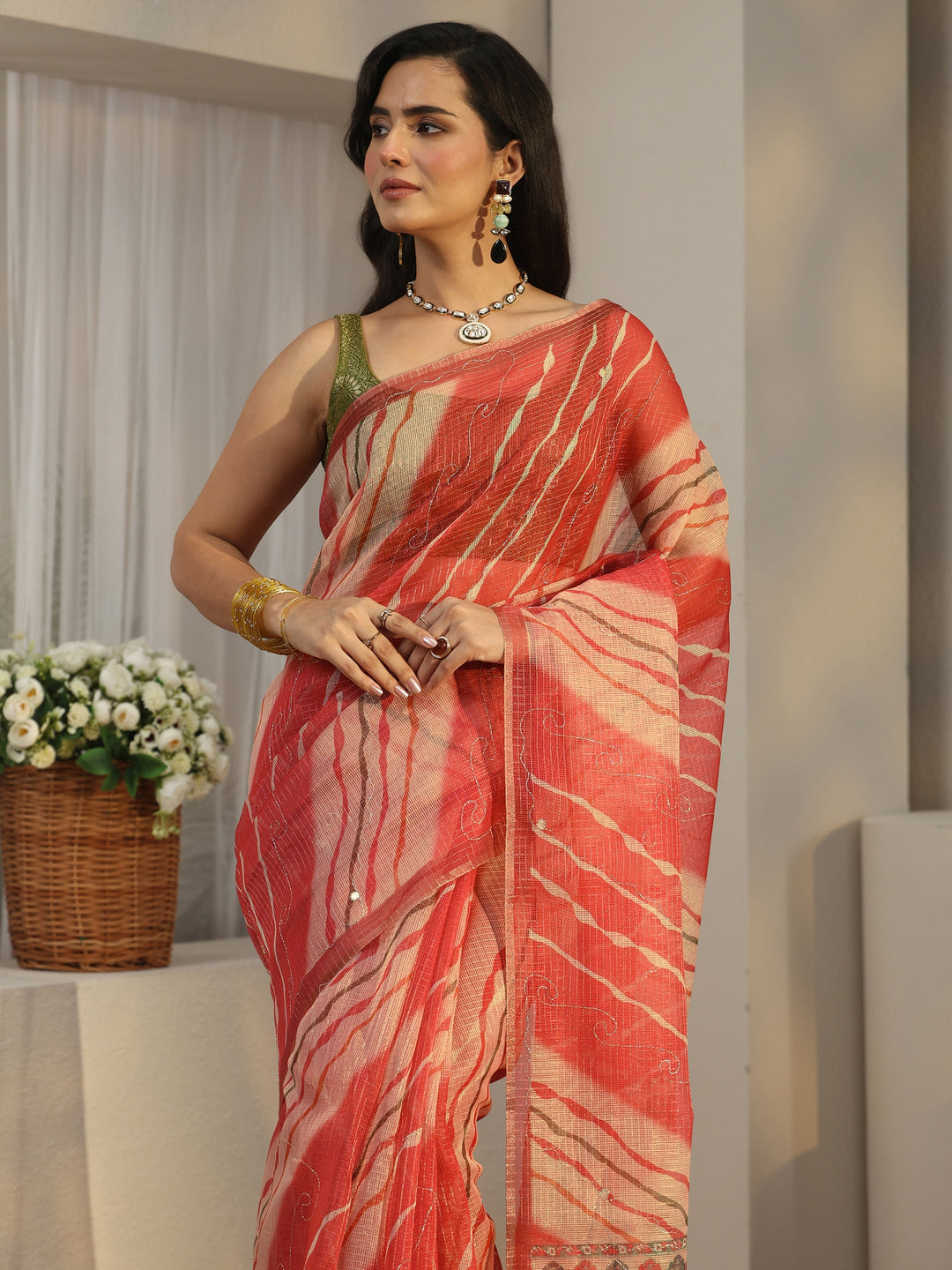  Libas Coral Red Leheriya Silk Blend Saree 