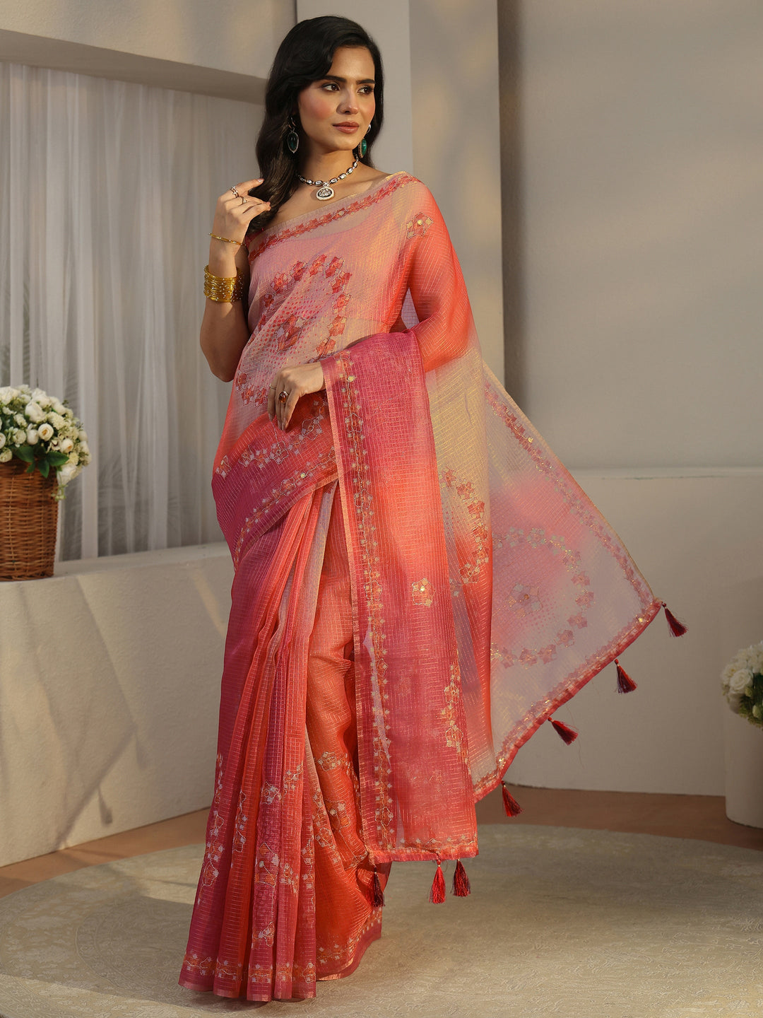 Libas Peach Pink Floral Printed Silk Blend Saree 