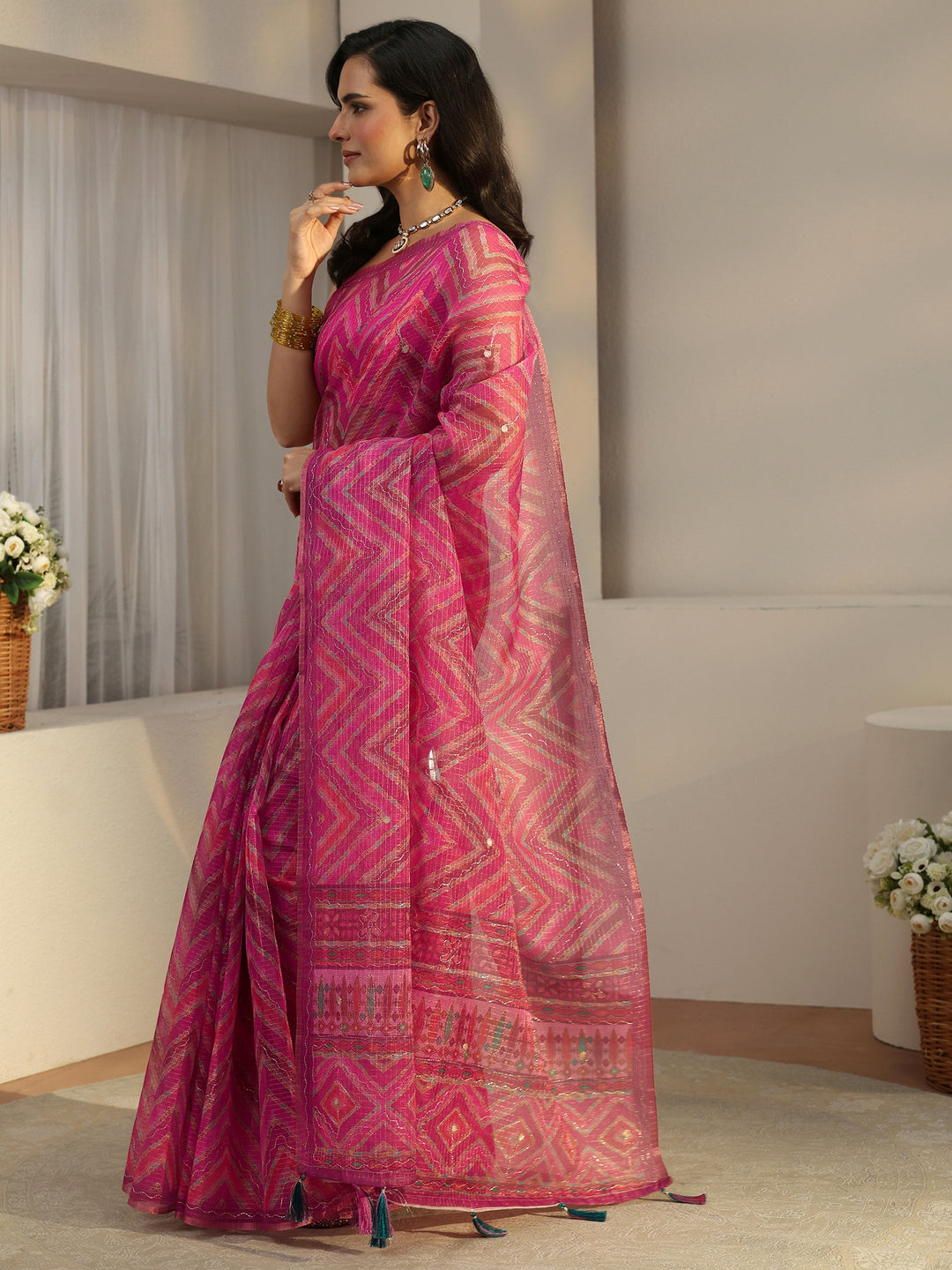  Libas Rani Pink Chevron Printed Silk Blend Saree 