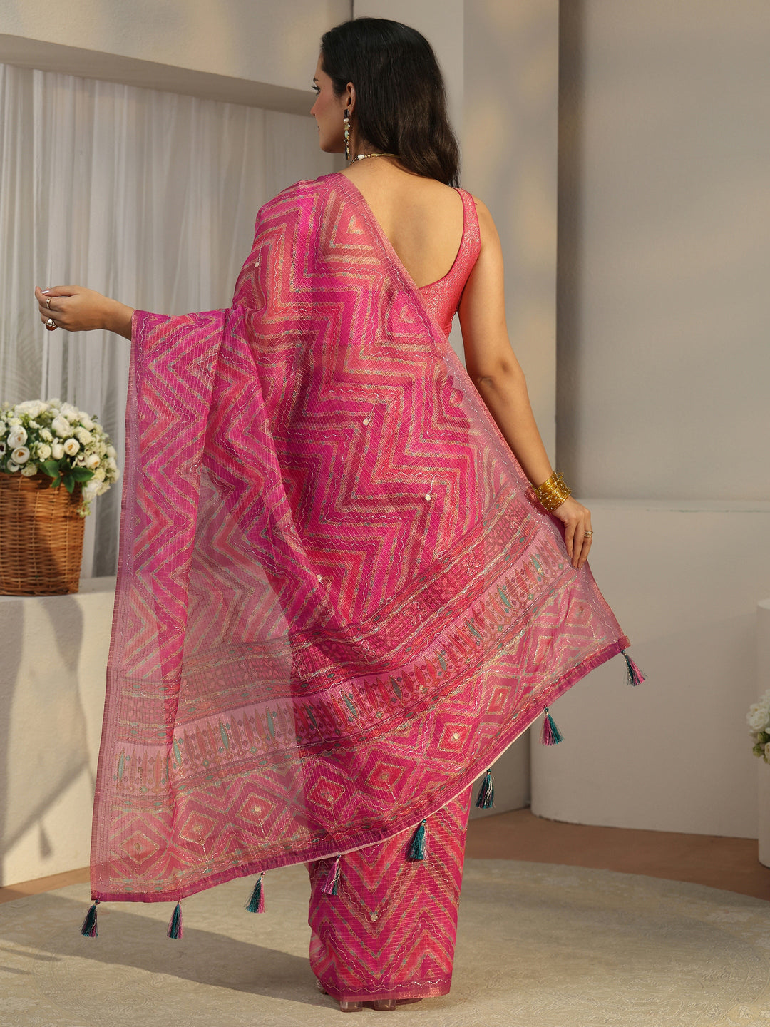  Libas Rani Pink Chevron Printed Silk Blend Saree 