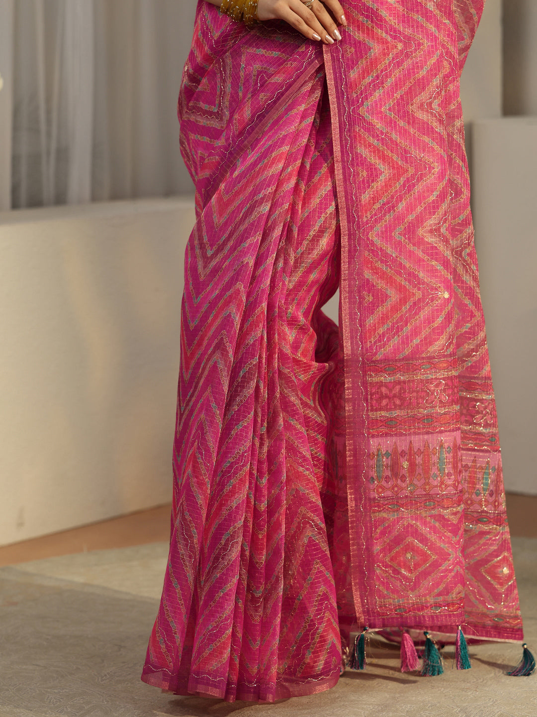  Libas Rani Pink Chevron Printed Silk Blend Saree 