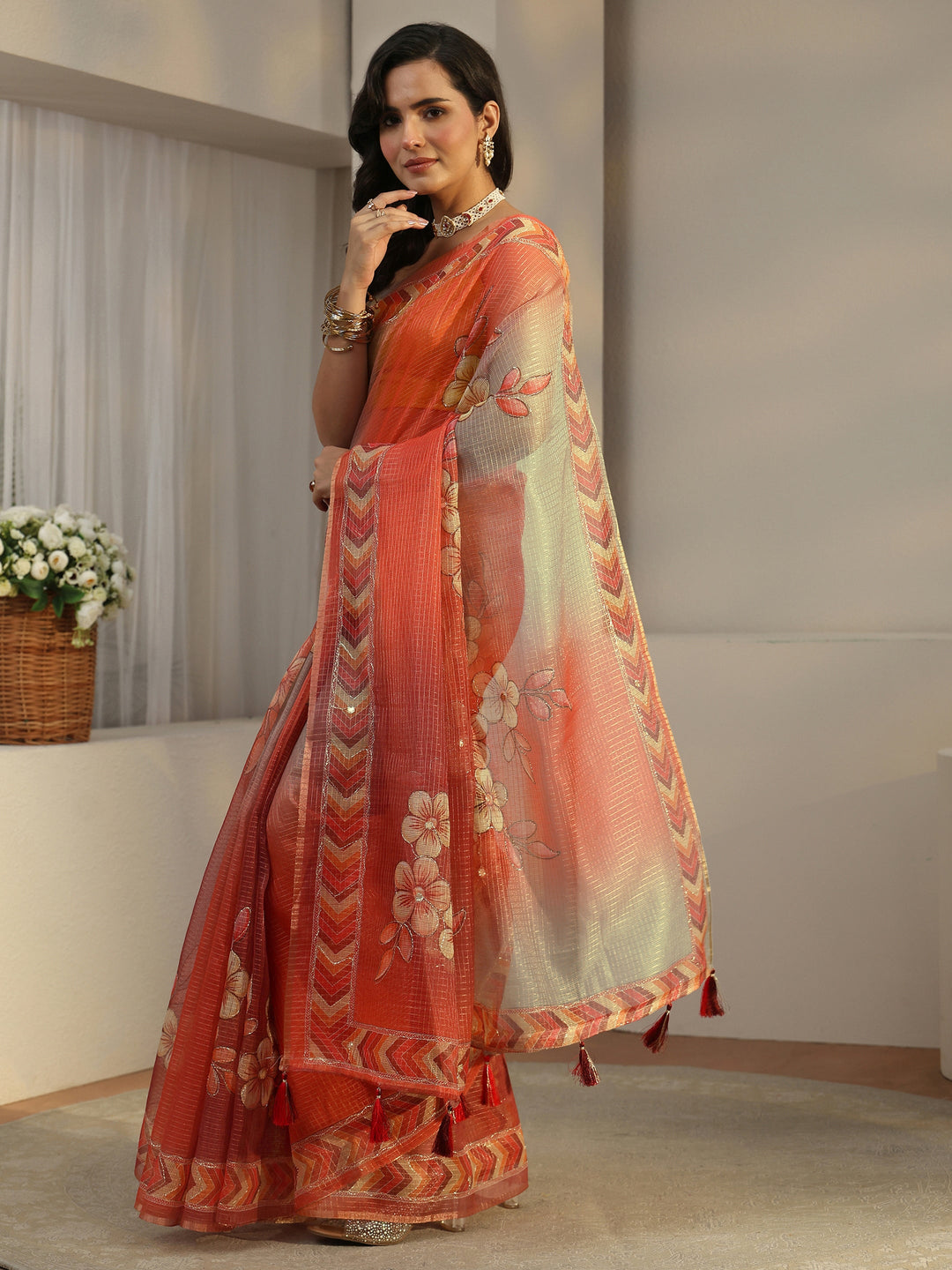  Libas Multi Colour Floral Printed Silk Blend Saree with Chevron Border 