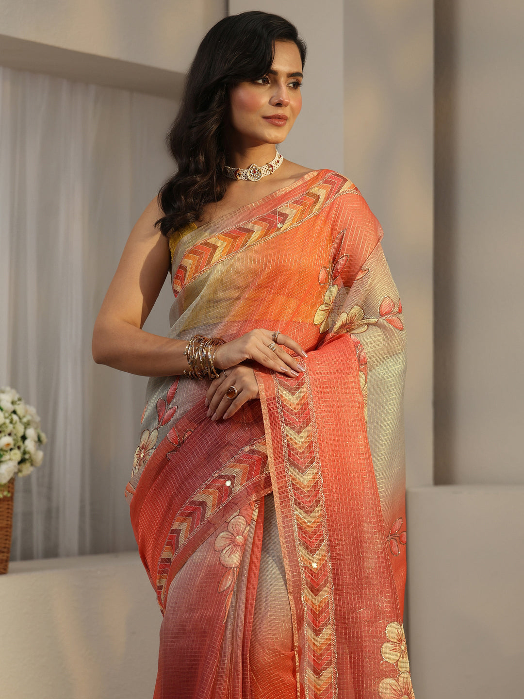  Libas Multi Colour Floral Printed Silk Blend Saree with Chevron Border 