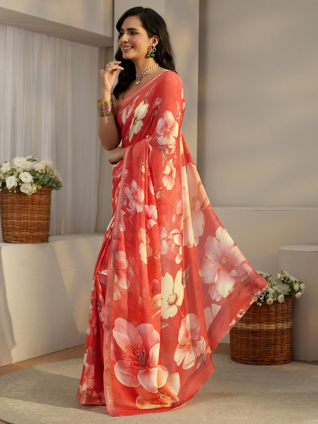  Libas Orange Floral Printed Silk Blend Saree 