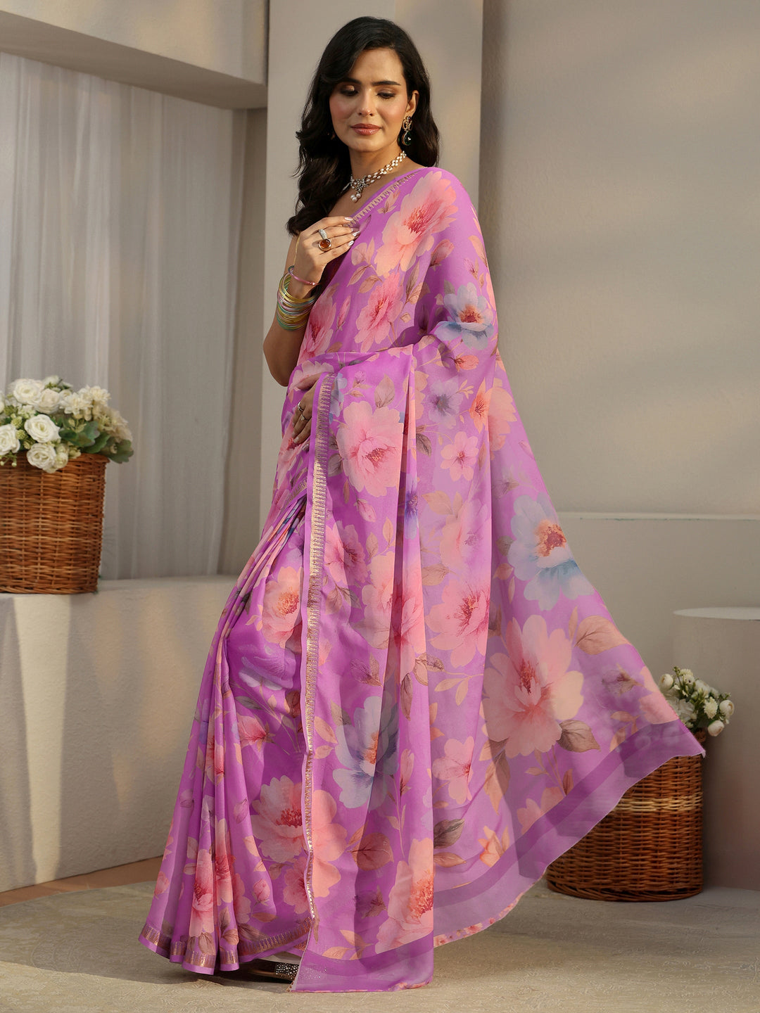  Libas Lavender Floral Printed Silk Blend Saree 