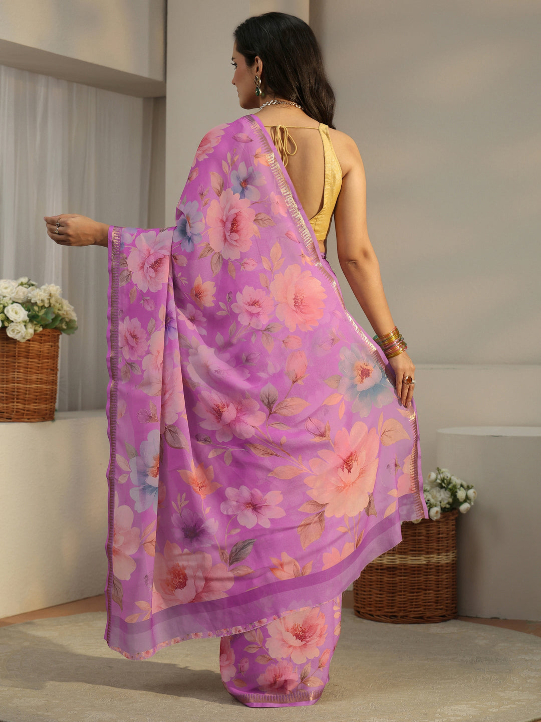  Libas Lavender Floral Printed Silk Blend Saree 