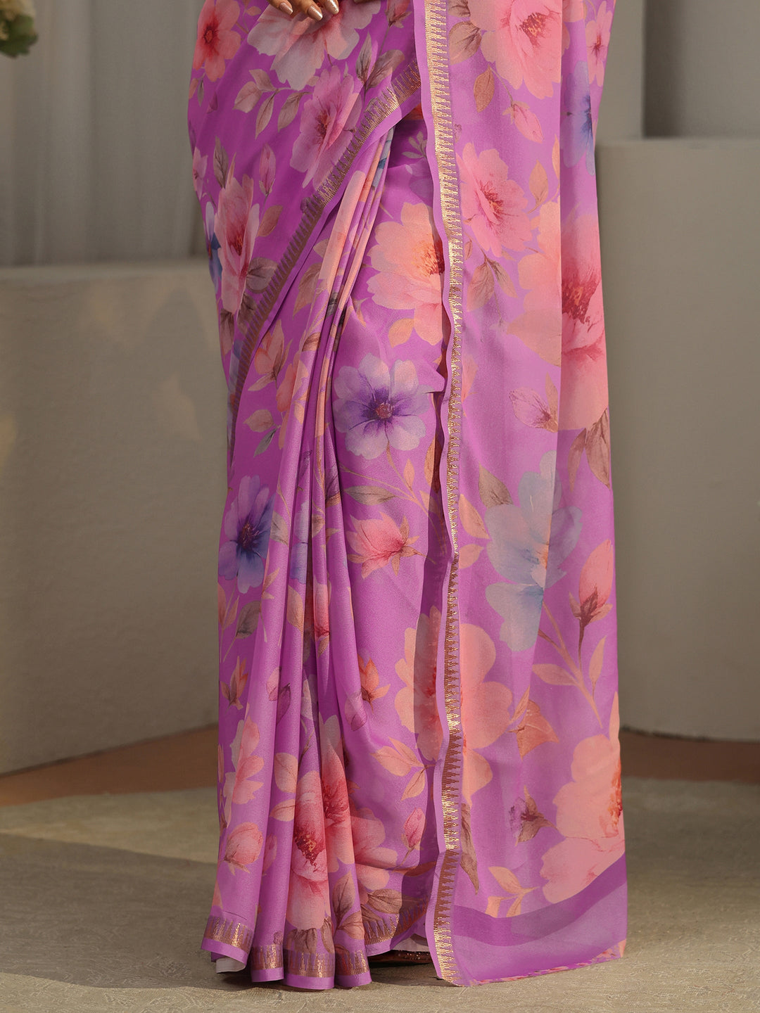  Libas Lavender Floral Printed Silk Blend Saree 