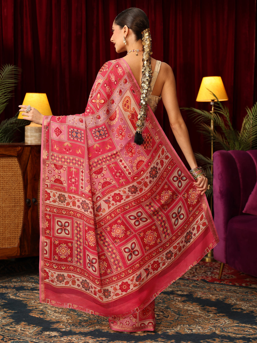  Libas Pink Multi Print Silk Blend Saree 