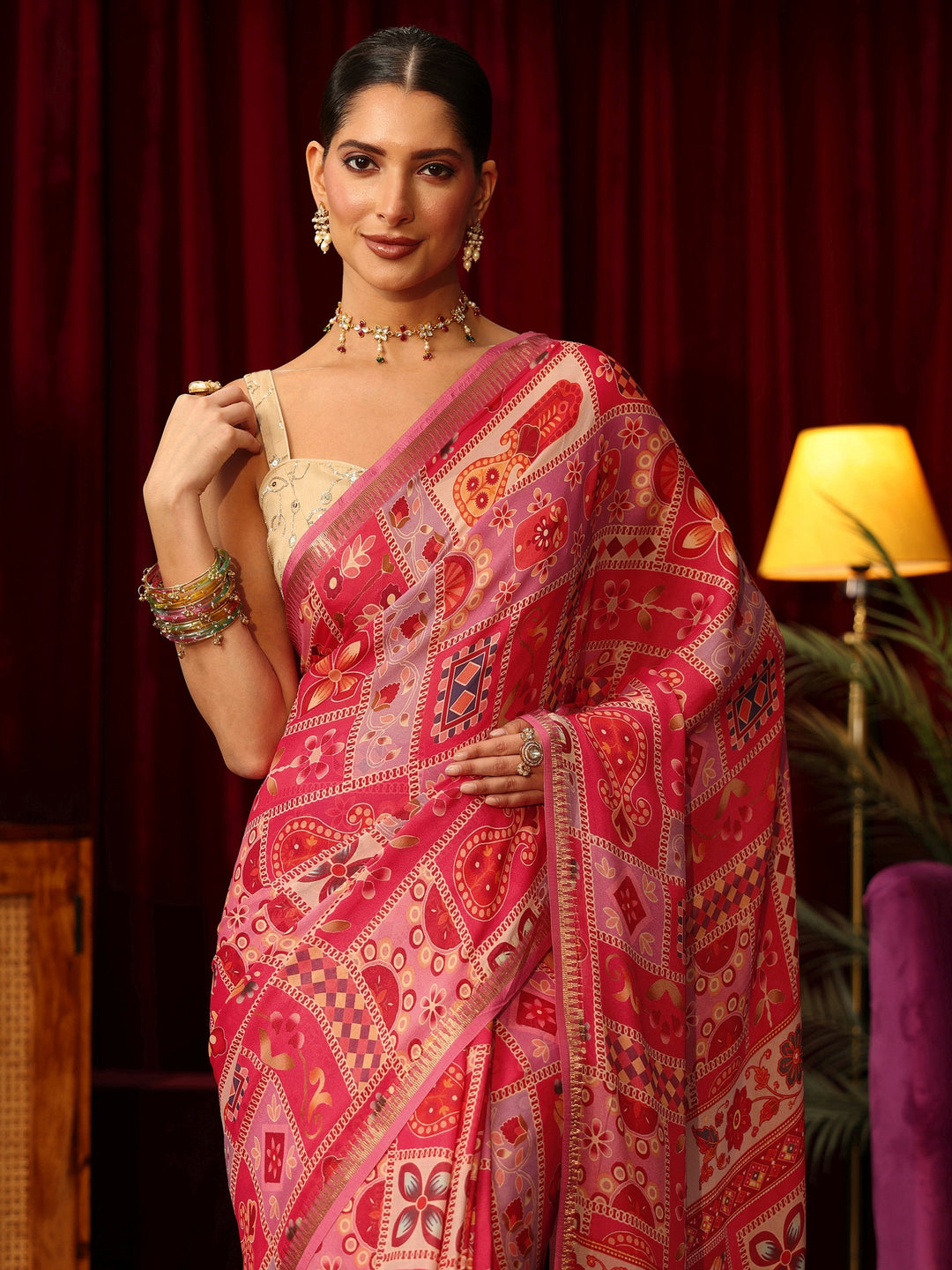  Libas Pink Multi Print Silk Blend Saree 