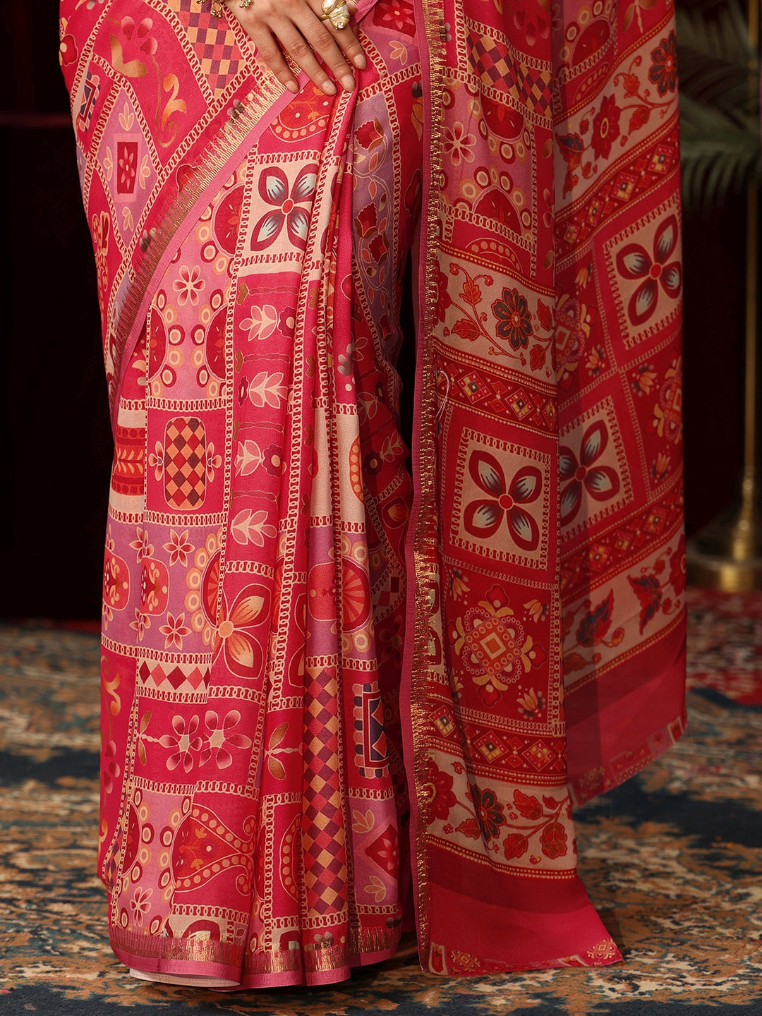 Libas Pink Multi Print Silk Blend Saree 