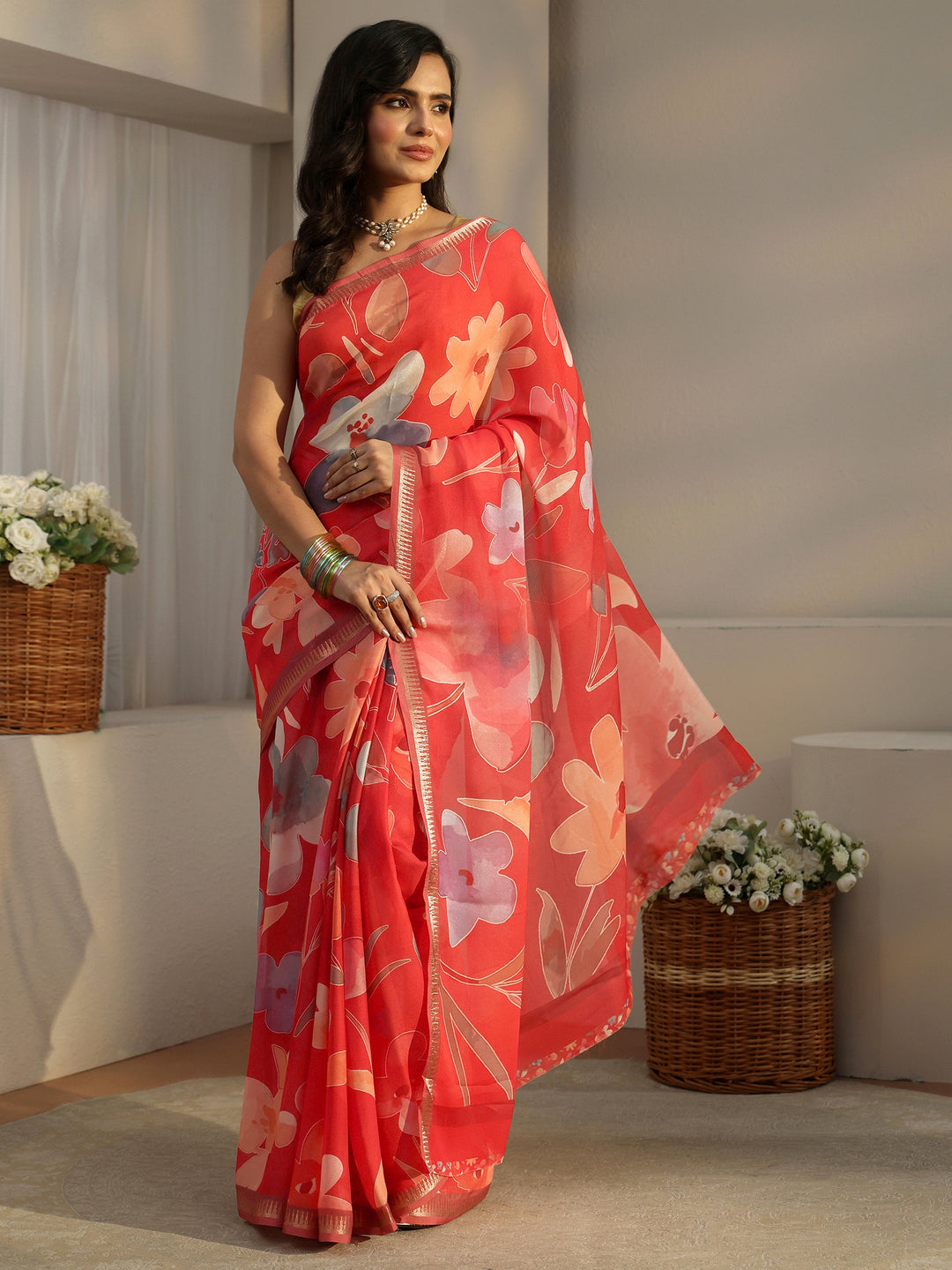  Libas Scarlet Red Floral Printed Silk Blend Saree 