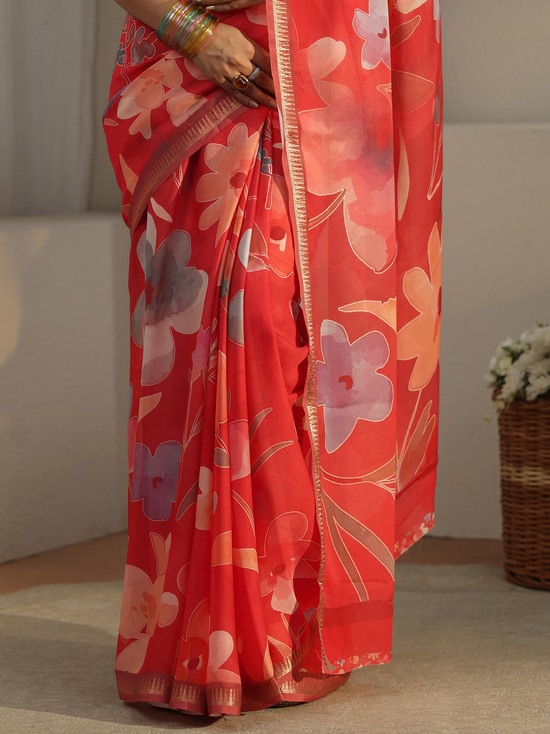  Libas Scarlet Red Floral Printed Silk Blend Saree 